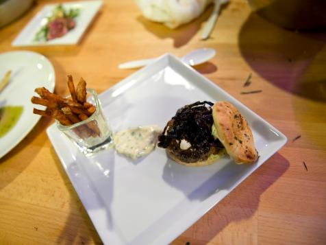 Lamb Burgers with Caramelized Red Onions, Mayoli and Feta