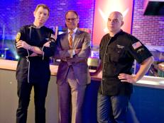 FNS7 Episode 10 Iron Chefs Bobby Flay and Michael Simon with Guest Host Alton Brown hanging out during the Iron Chef Challenge.