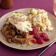 What a Face! Open Faced Hot Turkey Sammys with Sausage Stuffing and Gravy, Smashed Potatoes with Bacon, Warm Apple Cranberry Sauce; Rachael Ray