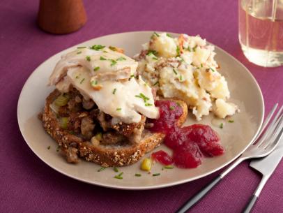 What a Face! Open Faced Hot Turkey Sammys with Sausage Stuffing and Gravy, Smashed Potatoes with Bacon, Warm Apple Cranberry Sauce; Rachael Ray