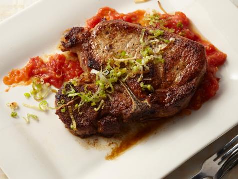 Pork Chops with Tomato Jam and Fried Leeks