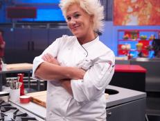 Rival-Chef Anne Burrell in Episode 1 as seen on Food Network Next Iron Chef Season 4.