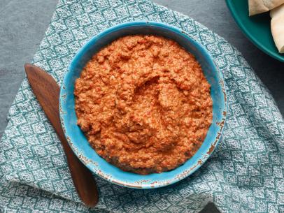 Aarti Sequeira's Roasted Red Pepper and Walnut Dip  for the Burger Station episode of Aarti Party, as seen on Food Network.