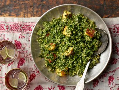 Aarti Sequeira's Saag Paneer for, LESSONS FROM GRANDMA/MICROWAVE VEGGIES/CHICKEN SOUP, as seen on Food Network's Aarti Party. Episode: The Big Cheese