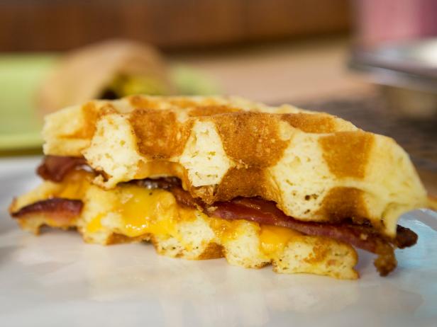 Cheddar and Bacon Cornmeal Waffle Sandwiches with Maple Mustard image