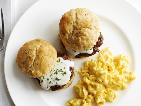 Biscuits With Cream Gravy, Sausage and Scrambled Eggs