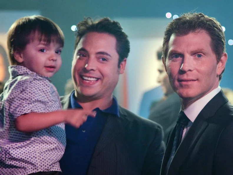 Finalist Jeff Mauro revealed winner and celebrates with his son and Host Bobby Flay at the Finale as seen on Food Network Next Food Network Star Season 7.