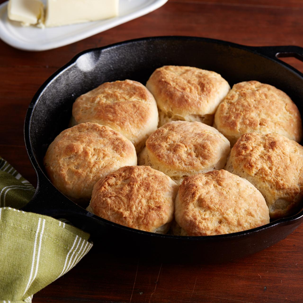 Cast iron skillet butter topped drop biscuits