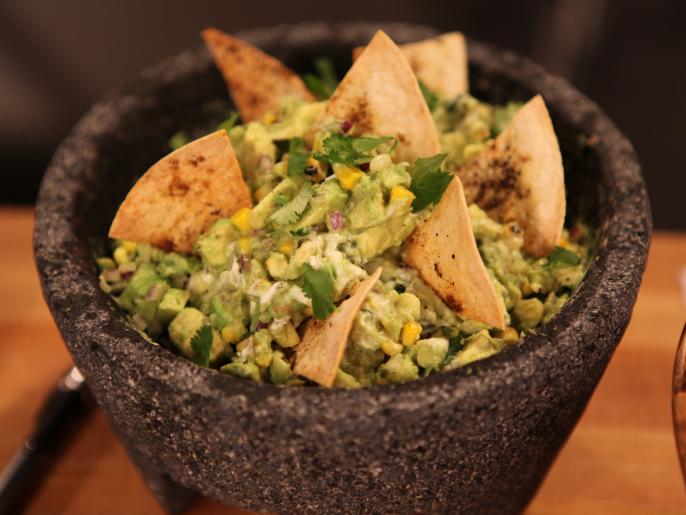 Roasted Corn Guacamole with Cumin Scented Tortilla Chips (Southwest