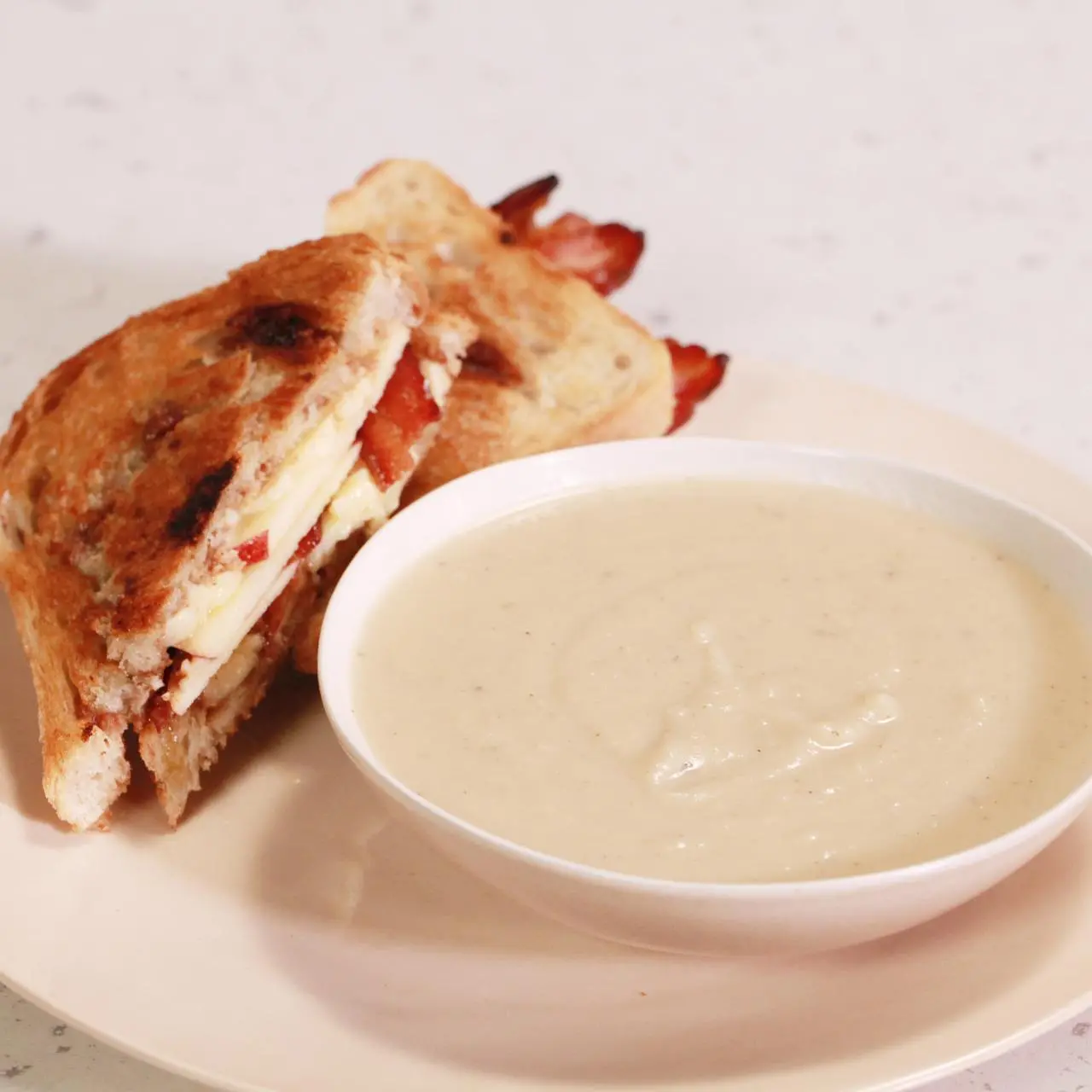Creamy Apple and Celery Root Soup with Grilled Cheddar, Bacon and Apple  Honey Mustard Sandwich