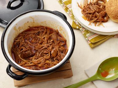Spicy pulled pork in a pot.