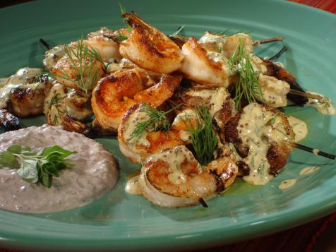 Grilled Shrimp Skewers with Mustard-Dill Dressing and Black Olive Yogurt Sauce