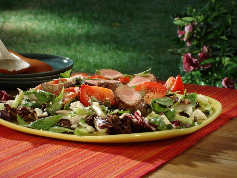 Pork Tenderloin Marinated in Garlic, Lemon and Oregano with Greek Salad