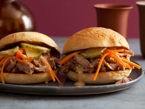 Chinese BBQ Pulled Pork Sliders with Pickled Cukes and Carrots and Sweet-and-Hot Mustard Sauce
