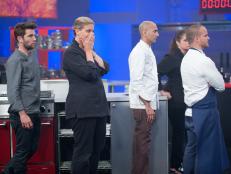 Rival Chefs Marcel Vigneron, Amanda Freitag, Jehangir Mehta, Alex Guarnaschelli and Nate Appleman watching Rival Chef Elizabeth Falkner leaving after being  "Anchovies" as seen on Food Network’s  Season 5.