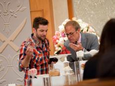 Host Alton Brown having Rival Chef Marcel Vigneron hand out ingredients to the other Rival Chefs at the "Fusion" as seen on Food Network’s, Season 5.