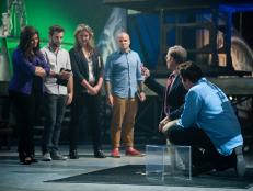 Host Alton Brown and Guest Star Magician David Copperfield introducing the Chairman's Challenge "Transcendence" to the Rival Chefs Alex Guarnaschelli, Marcel Vigneron, Amanda Freitag and Nate Appleman as seen on Food Network’s, Season 5.