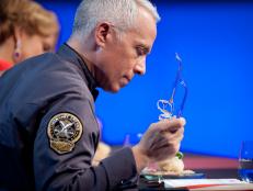 Judge Iron Chef Geoffrey Zakarian tasting Rival Chef Jehangir Mehta's dish that represents opponent Rival Chef Spike Mendeslohn for the Chairman's Challenge "Simplicity" as seen on Food Network’s Next Iron Chef, Redemption, Season 5.