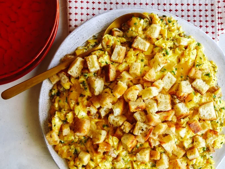 Bobby Flay's Creamy Scrambled Eggs with Dill Havarti with Country Ham and Buttery Toasted Croutons