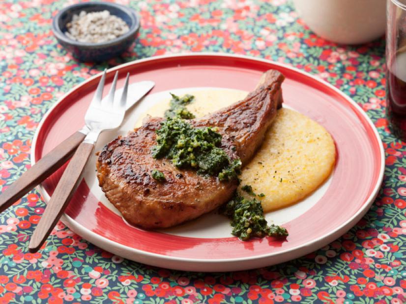 Food Network's Pork Chops with Roasted Kale and Walnut Pesto