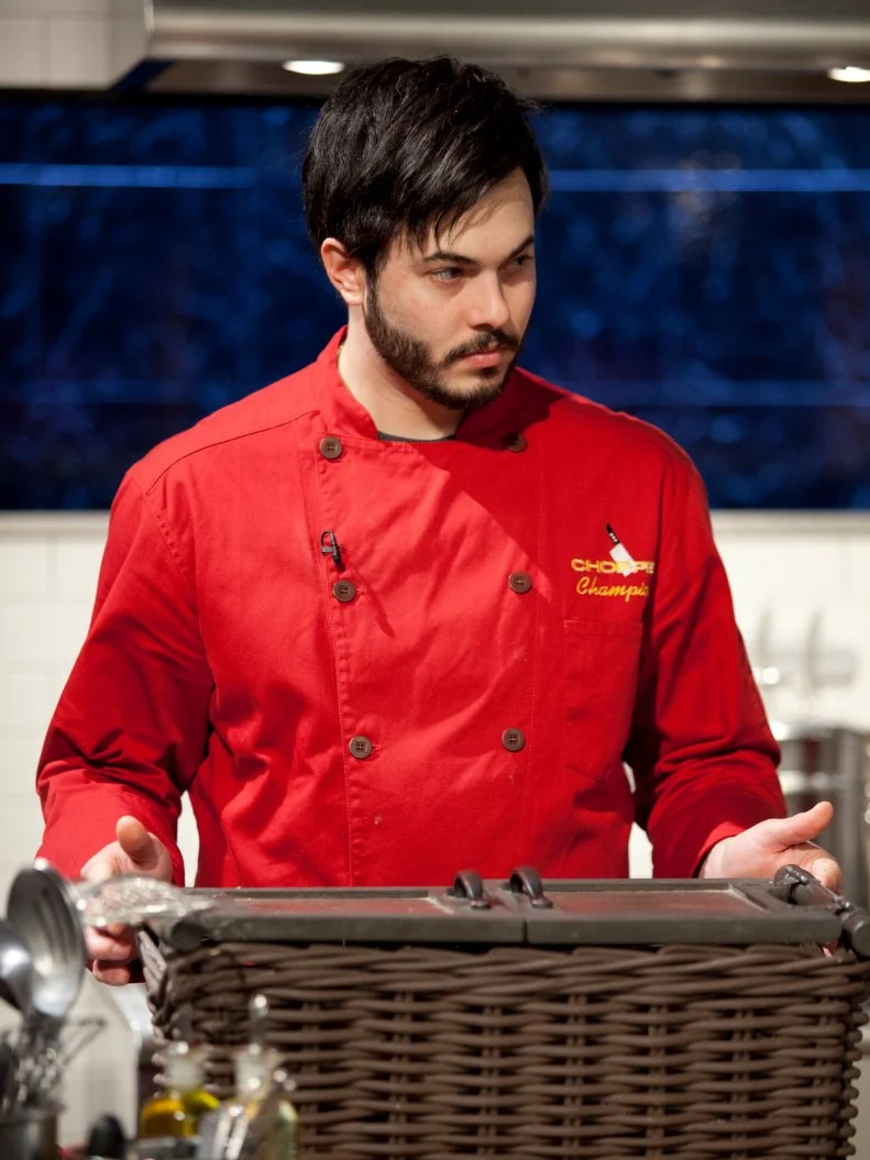 Chef Corwin Kaye and basket, as seen on Food Network’s Chopped Champions, Season 14.