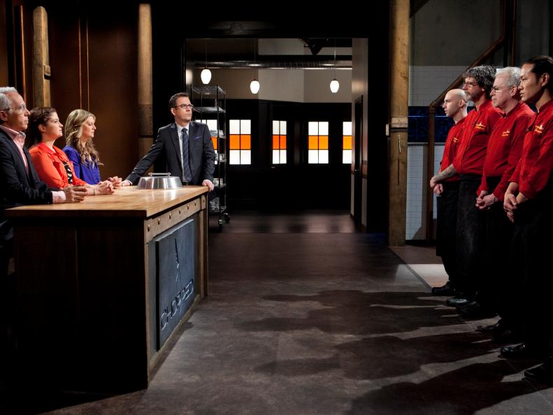 Chopped host Ted Allen with Judges: Geoffrey Zakarian, Alex Guarnaschelli and  Amanda Freitag moments before chopping one of the Chopped Champion Chefs: Vinson Petrillo, Rob Evans, Kenneth Johnson or Jun Tanaka, as seen on Food Networks Chopped, Season 14.