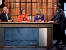 Chopped host Ted Allen with Judges: Geoffrey Zakarian, Alex Guarnaschelli and  Amanda Freitag as they deliberate over the desserts of Chopped Champion Chefs:Rob Evans and Jun Tanaka, as seen on Food Networks Chopped, Season 14.