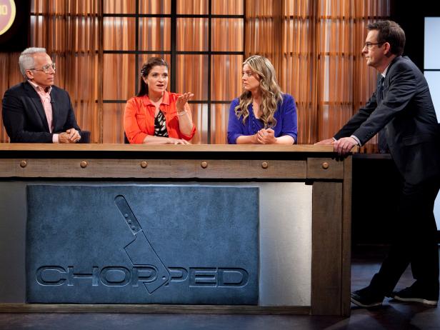 Chopped host Ted Allen with Judges: Geoffrey Zakarian, Alex Guarnaschelli and  Amanda Freitag as they deliberate over the desserts of Chopped Champion Chefs:Rob Evans and Jun Tanaka, as seen on Food Networks Chopped, Season 14.