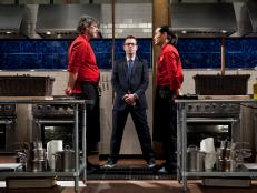 Chopped host Ted Allen with Chopped Champions Chef Rob Evans and Chef Jun Tanaka as they face off for the final cooking round as seen on Food Networks Chopped, Season 14.