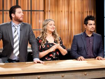Judges Scott Conant, Amanda Freitag, and Aaron Sanchez watch the competition, as seen on Food Network’s Chopped Champions, Season 14.
