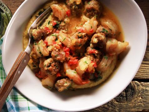 Sausage, Shrimp and Peppers over Cheesy Grits