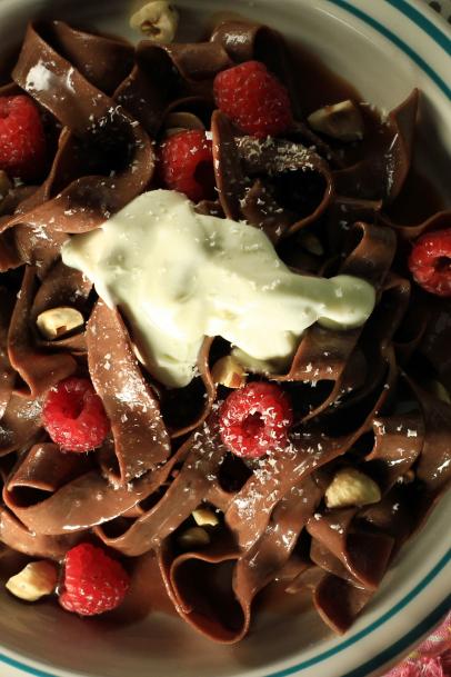 Chocolate Pasta With Chocolate Hazelnut Cream Sauce White Chocolate Shavings And Fresh Berries Recipe Kelsey Nixon Food Network