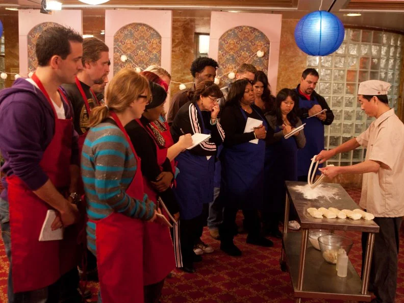 Chef Lee of 88 Palace Restaurant demonstrates how to pull noodles for the the "Chinese Noodle Pulling" skill drill as seen on Food Network's Worst Cooks in America, Season 3.