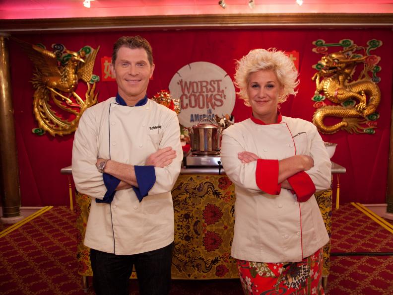 Worst Cooks In America Team Leaders Chef Bobby Flay and Chef Anne Burrell at 88 Palace Restaurant to present the "Chinese Noodle Pulling" skill drill as seen on Food Network's Worst Cooks in America, Season 3.