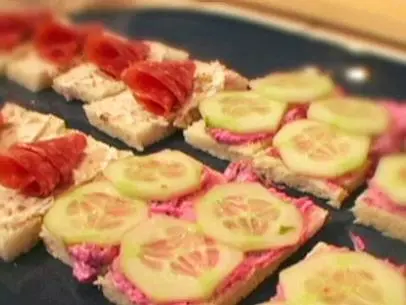 Dave adds red horseradish to give a kick to his cucumber finger sandwiches.