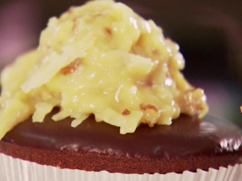 A German Chocolate Cupcake is served.