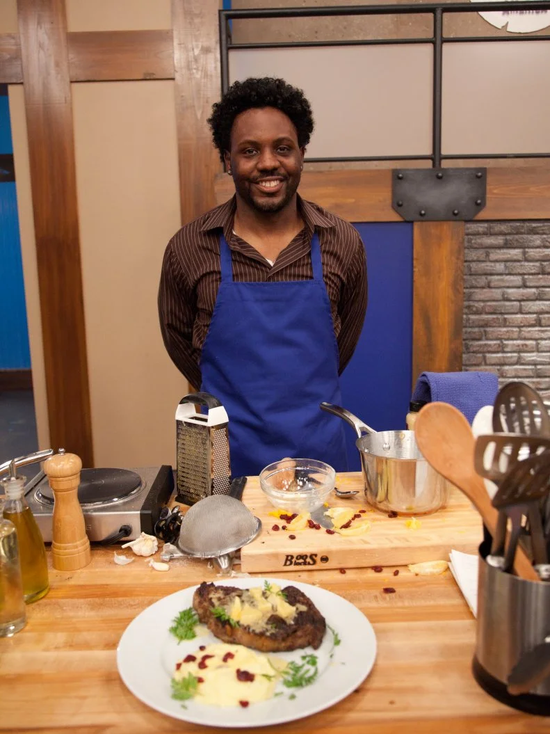Blue Team Recruit Benjamin Dennis prepares his "Tangy, Sweet and Spicy" steak for the Extreme Flavor Challenge" as seen on Food Network's Worst Cooks in America, Season 3.