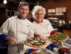 Team Leaders Chef Bobby Flay and Chef Anne Burrell demonstrate pizza making to both teams for the "Slice of Flavor" Skill Drill Challenge as seen on Food Network's Worst Cooks in America, Season 3.