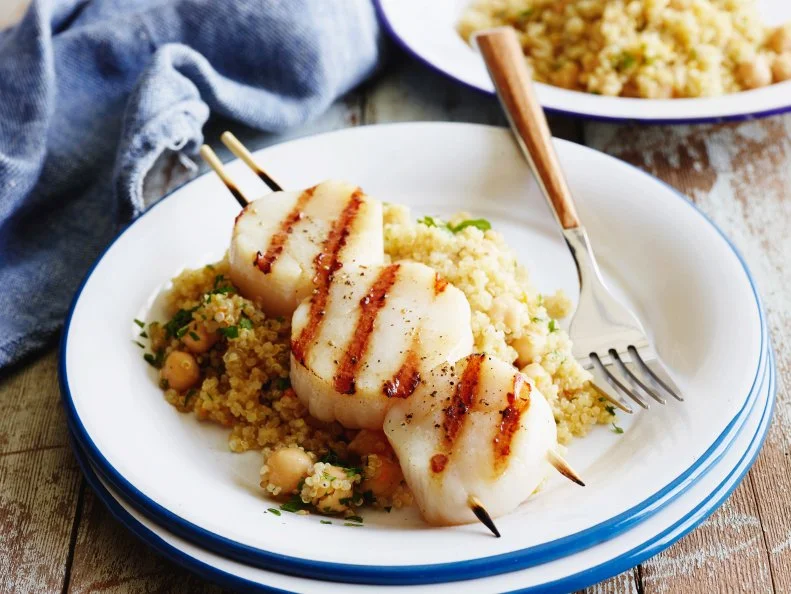 GRILLED SCALLOPS WITH ORANGE-Â­SCENTED QUINOA, Giada De Laurentiis, Giada atHome/Giadaâ  s Book Club, Food Network, Quinoa, Oranges, Scallops, Olive Oil, Lemon Juice,Garbanzo Beans, Parsley