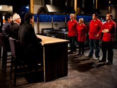Chopped host Ted Allen and Judges: Scott Conant, Geoffrey Zakarian and Aaron Sanchez during tasting and judging of Iron Chefs: Michael Symon, Cat Cora, Jose Garces and Marc Forgione as seen on Food Networks, Chopped All Stars Tournament, Season 10 Ep10-09