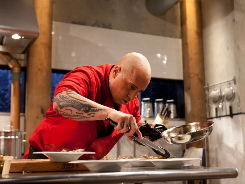 Chef Vic Moea working on his appetizer as seen on Food Networks Chopped All Stars Tournament, Season 10 EP10-11