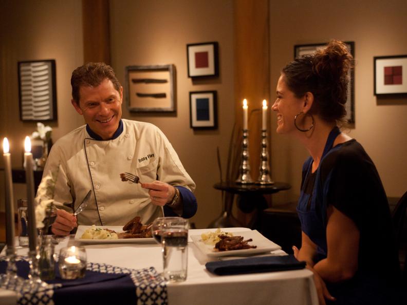 Worst Cooks In America Blue Team Leader Bobby Flay tastes Blue Team Recruit Tiffany Michelle's Butterflied Squab with Piquillo Pepper Sauce and Cauliflower w/ Sharp Cheddar Cheese Sauce for the  "Date Night" main dish challenge as seen on Food Network's Worst Cooks in America, Season 3.