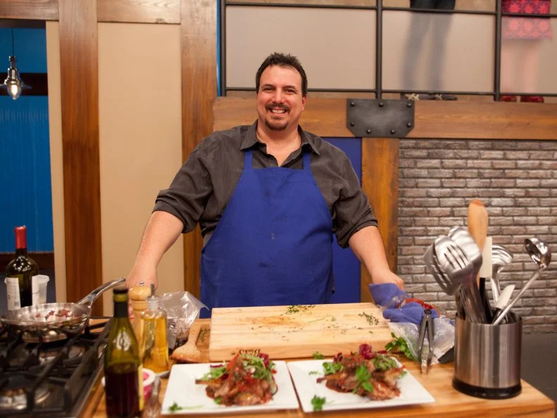 Worst Cooks In America Blue Team Recruit Vinnie Caligiuri prepares Butterflied Squab with Piquillo Pepper Sauce and Arugula Radicchio and Salad for the  "Date Night" main dish challenge as seen on Food Network's Worst Cooks in America, Season 3.