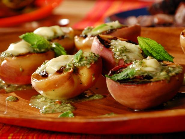 Grilled White California Peaches with Almond-Mint Pesto