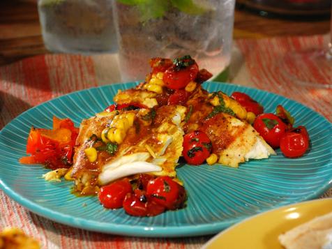 Grilled Halibut with Corn-Coconut Curry Sauce and Grilled Cherry Tomato Chutney