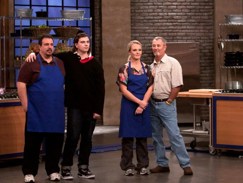Worst Cooks In America Team Blue Team Recruit Melissa Rhodes with her fiance David Workinger, and Vinnie Caligiuri with his son Ryan Caligiuri. Family members are there to taste and judge the recruits' dishes as part of the "Loved Ones" challenge as seen on Food Network's Worst Cooks in America, Season 3.