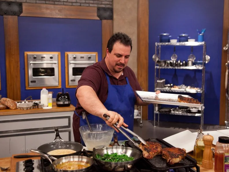 Worst Cooks in America Blue TeamRecruit Vinnie Caligiuri Sweet Ribeye and a Side of Broccoli Rabe and preps the desert that Chef Bobby Flay demonstrated: Apple Crepe with Fresh Ricotta and Orange Brown Butter as part of the "Loved Ones" challenge as seen on Food Network's Worst Cooks in America, Season 3.