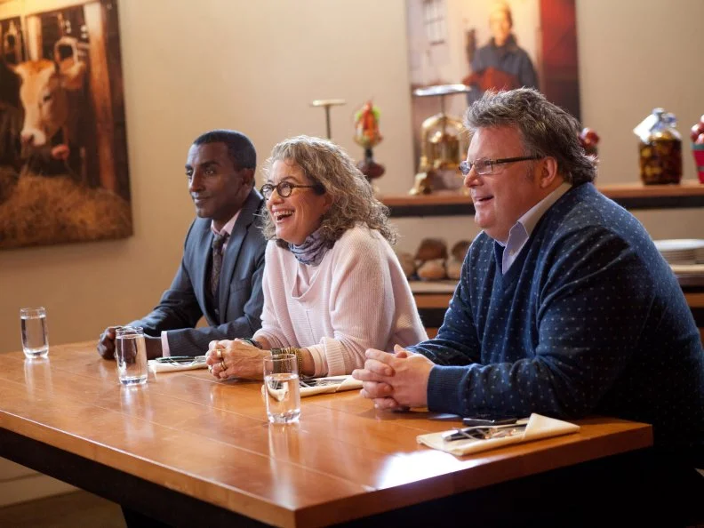 The Judges greet Worst Cooks in America Team Leaders Chef Anne Burrell and Chef Bobby Flay. The judges are: Chef Marcus Samuelsson, Chef Susan Feniger, and Chef David Burke as seen on Food Network's Worst Cooks in America, Season 3.