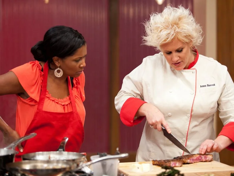 Chef Anne Burrell works with finalist Kelli Powers to create a personalized menu for her final restaurant challenge in the Themes/Building Blocks as seen on Food Network's Worst Cooks in America, Season 3.