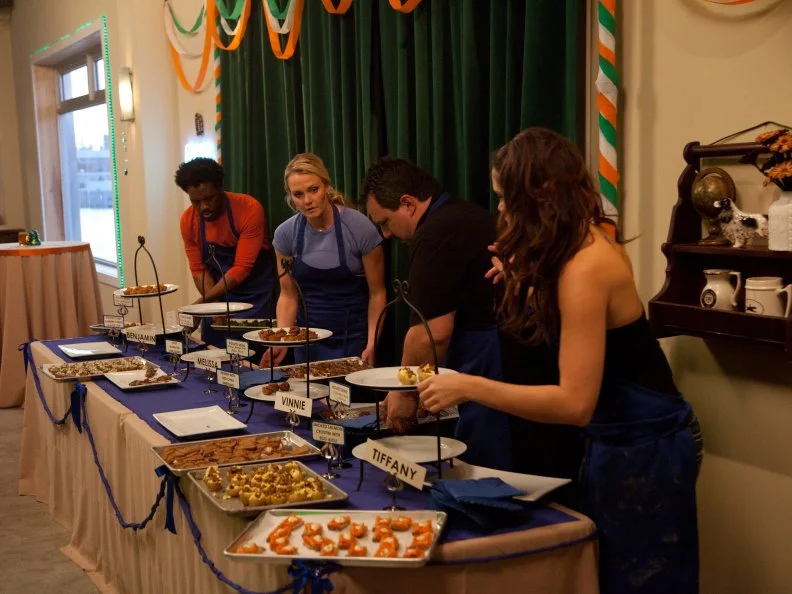 The Worst Cooks in America  Blue Team recruits Benjamin Dennis, Melissa Rhodes, Vinnie Caligiuri, and Tiffany Michelle put out their appetizers in preparation for the St. Patrick's Day Party as part of the "St. Paddy's Day" Potato Skins and Appetizer Main Dish Challenge as seen on Food Network's Worst Cooks in America, Season 3.